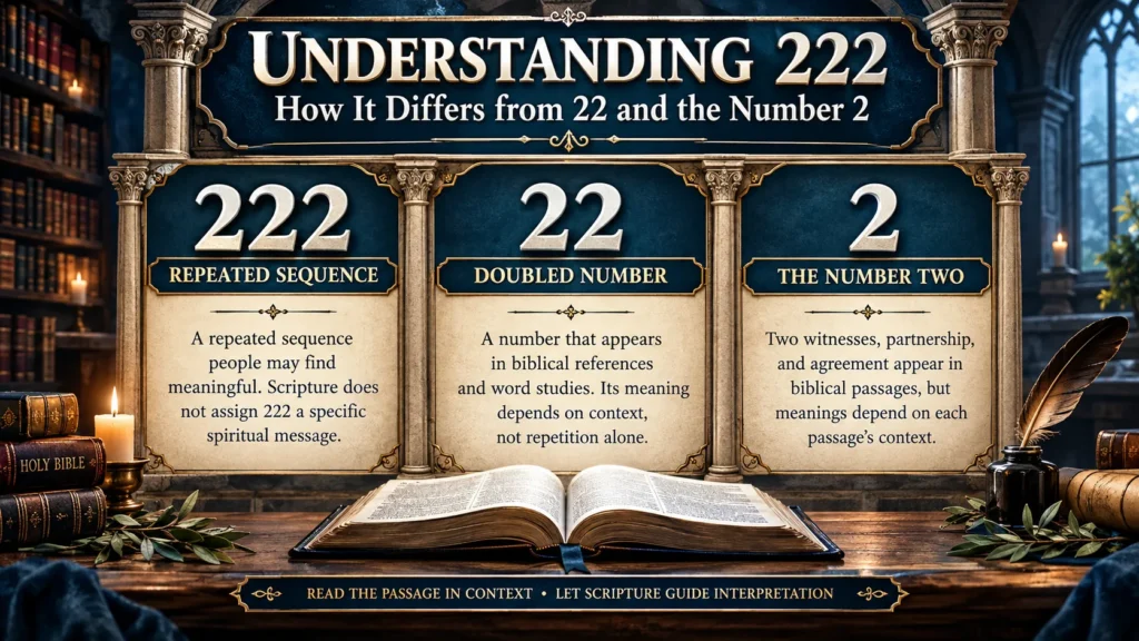 Understanding 222 compared with 22 and the number 2 in a biblical infographic with an open Bible.